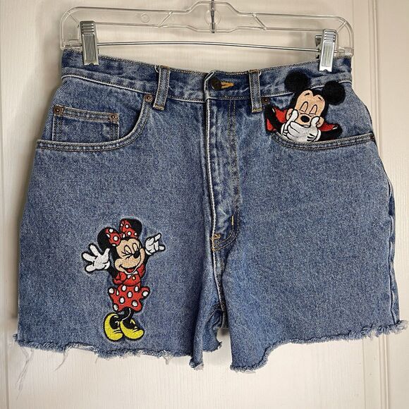 VTG Disney Inc Mickey Mouse Minnie Mom Jean Denim Cut-off Shorts Sz Sm 90s Patch - Picture 1 of 8